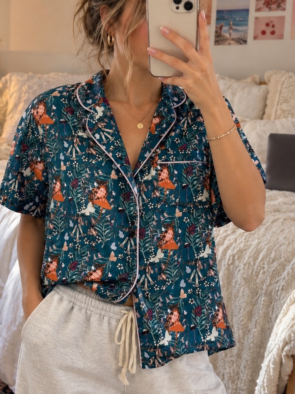 Their Nibs Woodland Owl Mushroom Satin Pajama Lounge Top Size S